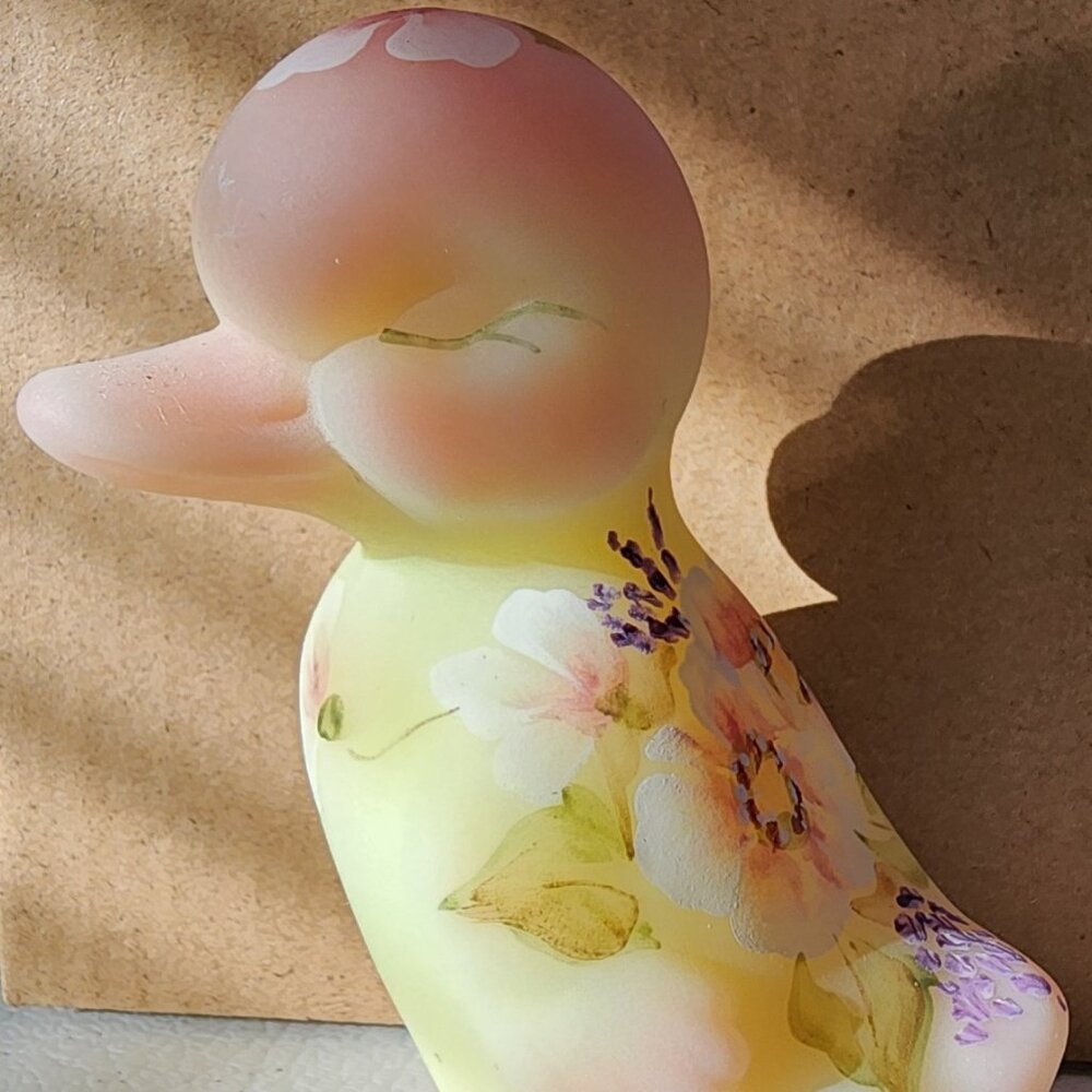 Fenton Art glass Burmese Duck Duckling Hand-Painted Floral -